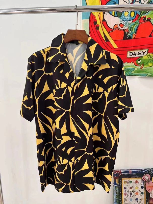 Men's Clothing Trendy Brand High End Hong Kong Style Short Sleeved Shirt Men's Personality Creative Cartoon Casual Loose Beach Flower Shirt Women_viptrois.com