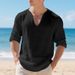 Men's Relaxed Fit V-Neck Linen Long Sleeve T-Shirt - Breathable Pure Color Casual Top For Autumn (S-XXXL)_viptrois.com