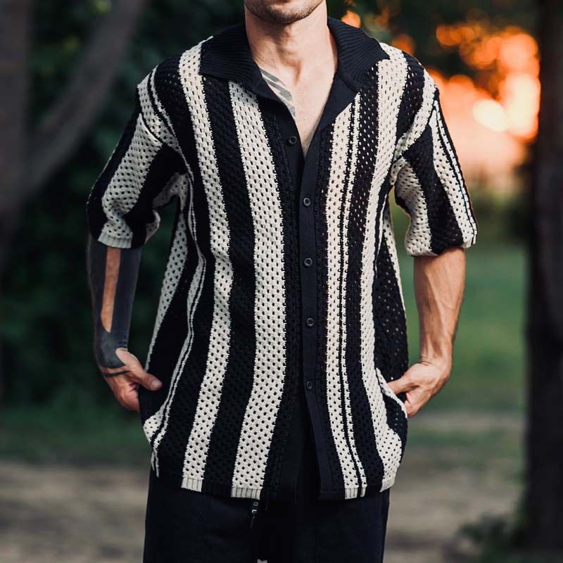 Men's Clothing Spring And Summer New Casual Knitted Splicing Striped Mesh Top Light Business Men's Shirt_viptrois.com