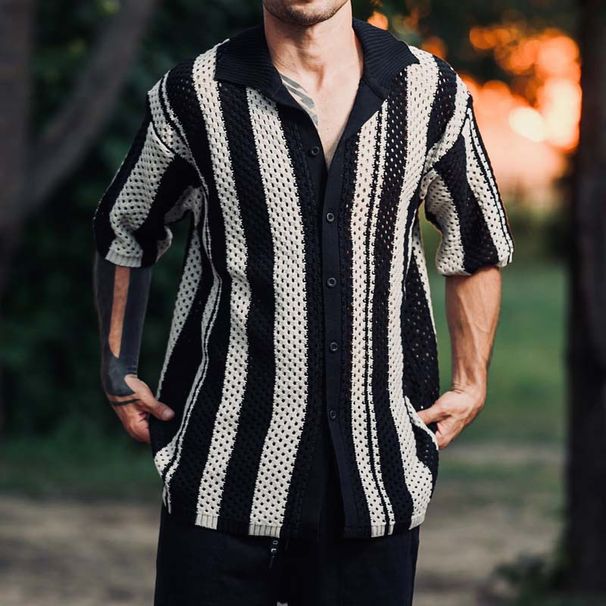 Men's Clothing Spring And Summer New Casual Knitted Splicing Striped Mesh Top Light Business Men's Shirt_viptrois.com
