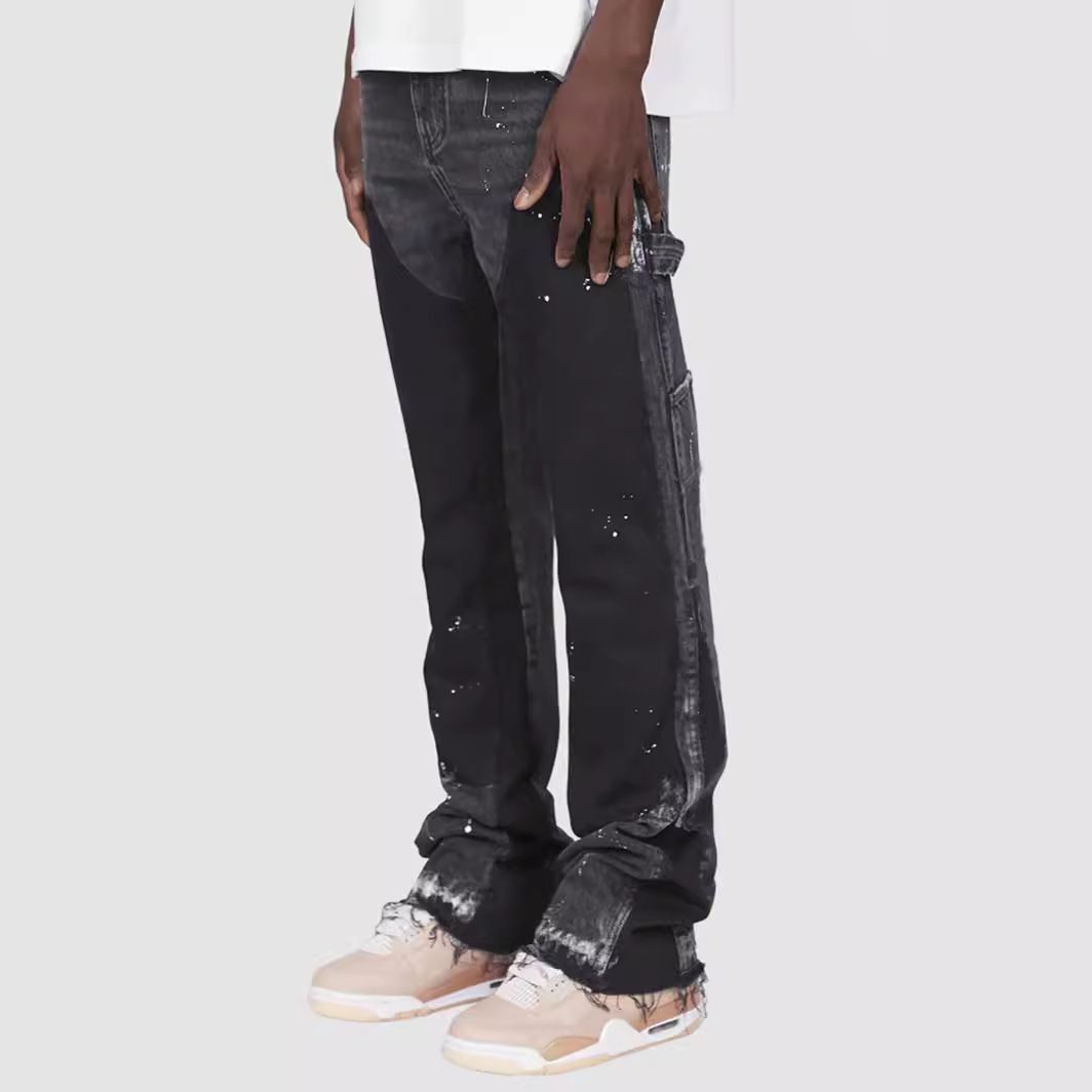 Men's Denim Overalls European And American Tooling Elastic Patch Denim Laminated Flared Pants_viptrois.com