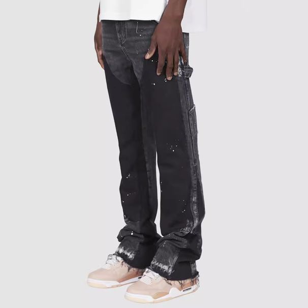 Men's Denim Overalls European And American Tooling Elastic Patch Denim Laminated Flared Pants_viptrois.com