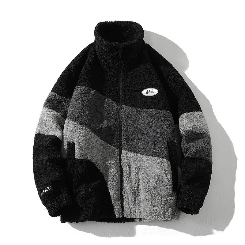 Lamb Wool Couple Coat Men's Stand-up Collar Color Matching Loose Thermal Jacket Men's_viptrois.com