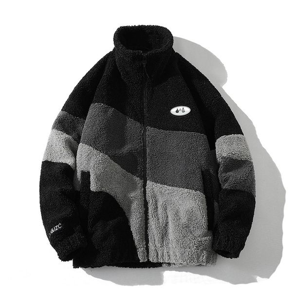 Lamb Wool Couple Coat Men's Stand-up Collar Color Matching Loose Thermal Jacket Men's_viptrois.com