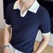Men's Clothing Summer Breathable Italian Color Matching Light Mature Men's Polo Shirt V Lapel Elastic Texture Slim Short Sleeved Knitted Sweater_viptrois.com