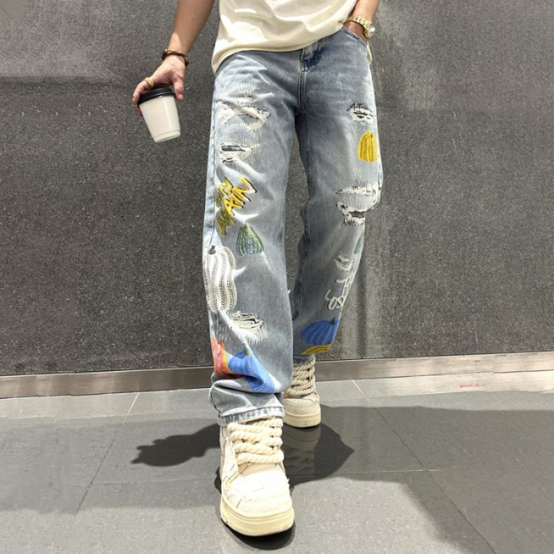 Men's Clothing Washed Stitching Denim Pants Trendy Men Loose Straight Men Fashion Denim Trousers Men Street Retro_viptrois.com