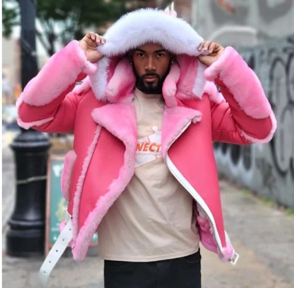Men's clothing Large pink fur collar hooded belt buckle with fleece thickened men's leather coat_viptrois.com