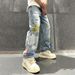 Men's Clothing Washed Stitching Denim Pants Trendy Men Loose Straight Men Fashion Denim Trousers Men Street Retro_viptrois.com