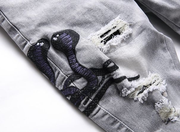 Men's Light Blue Ripped Embroidered Jeans Men's Trendy Elastic Slim Fit Small Feet American High Street Long Pants_viptrois.com