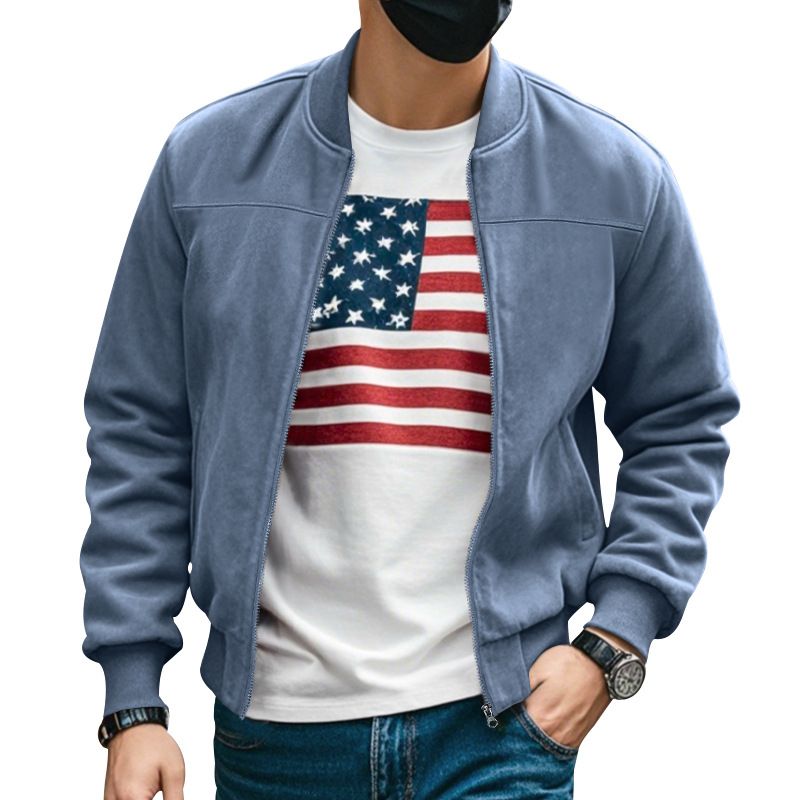 Men's Casual Retro Suede Zip Jacket - Lightweight Spring/Fall Outerwear With Stand Collar & Side Pockets (Black, Army Green, Navy, Misty Blue, Brown)_viptrois.com