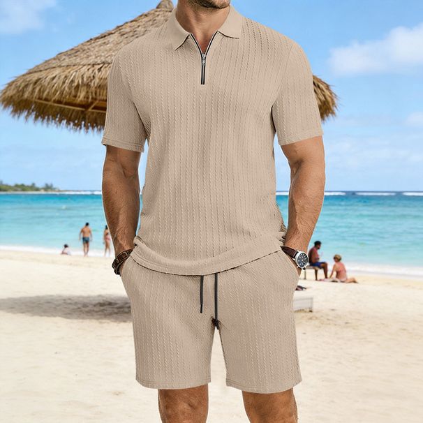 Men's Summer Short Sleeve Knit Polo Shirt With Jacquard Texture And Shorts Set, Casual Turn-Down Collar Outfit For Daily Wear_viptrois.com
