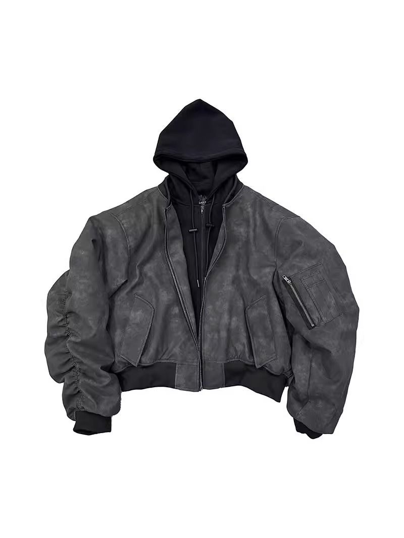 2025 Leather Bomber Double Fake Two-piece Hooded Jacket Bomber Jacket Leather Cotton_viptrois.com