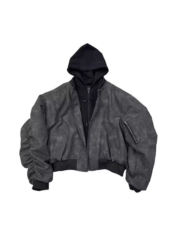 2025 Leather Bomber Double Fake Two-piece Hooded Jacket Bomber Jacket Leather Cotton_viptrois.com