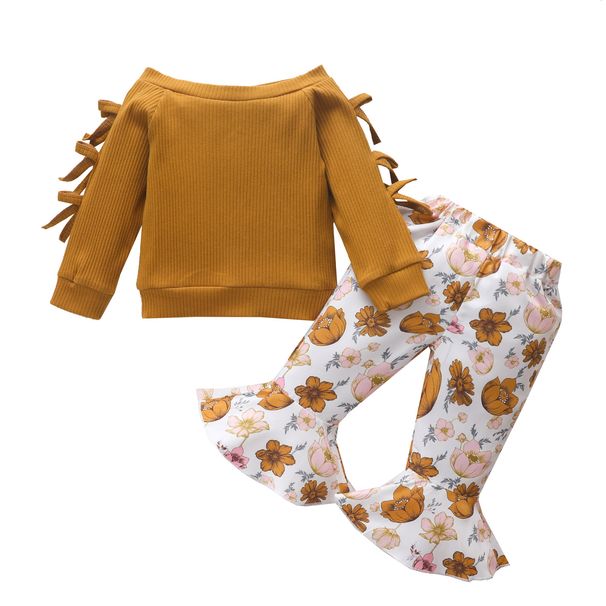 Babies' clothes Infants and Children Solid Color Long-sleeved Bow Knot Pullover Printed Flared Pants Trousers Set Autumn_viptrois.com