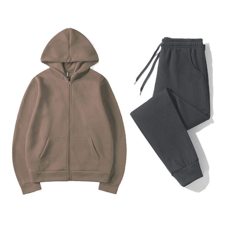 Sports Clothing Autumn And Winter Zip Up Shirt Hooded Sweatshirt + Sweatpants 2 Piece Set Sportswear Solid Color Couple Hoodie Sweatshirt Suit_viptrois.com