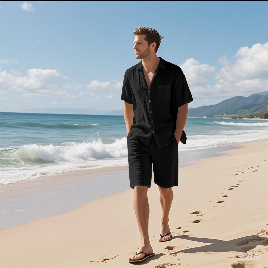 Men's Clothing Men's Linen Short Sleeve Shirt Suit Linen Summer Loose Casual Cotton Linen Cardigan Shirt Shorts_viptrois.com
