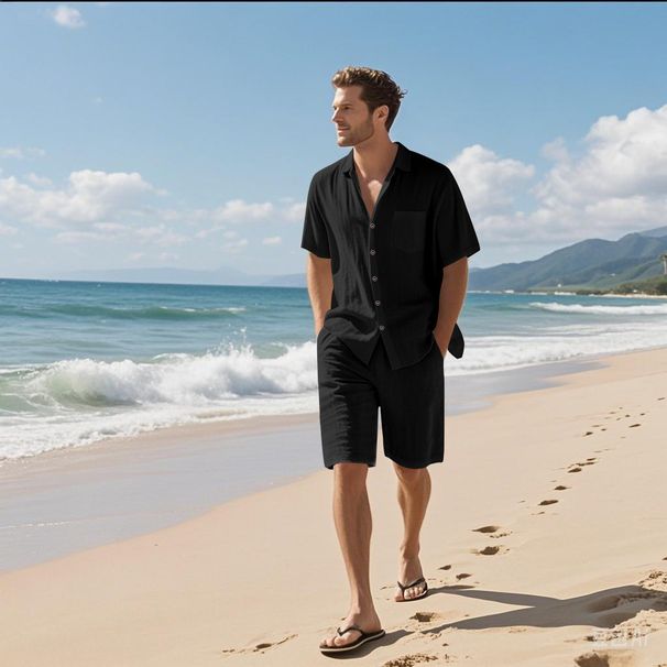 Men's Clothing Men's Linen Short Sleeve Shirt Suit Linen Summer Loose Casual Cotton Linen Cardigan Shirt Shorts_viptrois.com