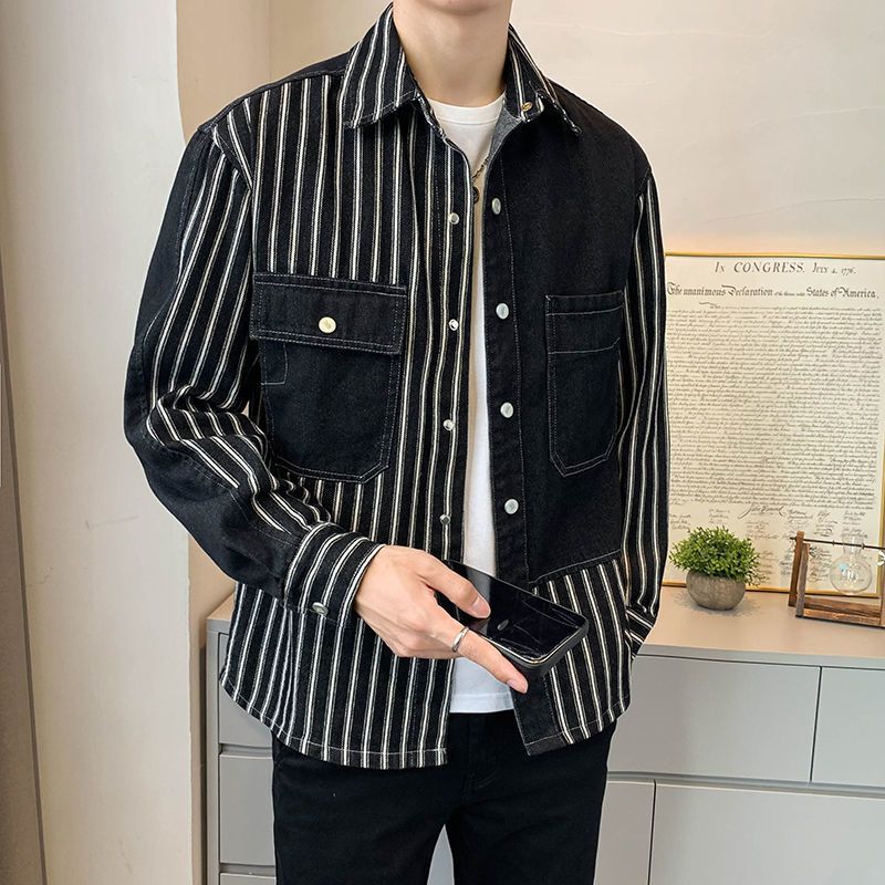 Cowboy Patchwork Striped Spring Autumn New Style Loose And Trendy Korean Casual Versatile Shirt Men's Jacket_viptrois.com