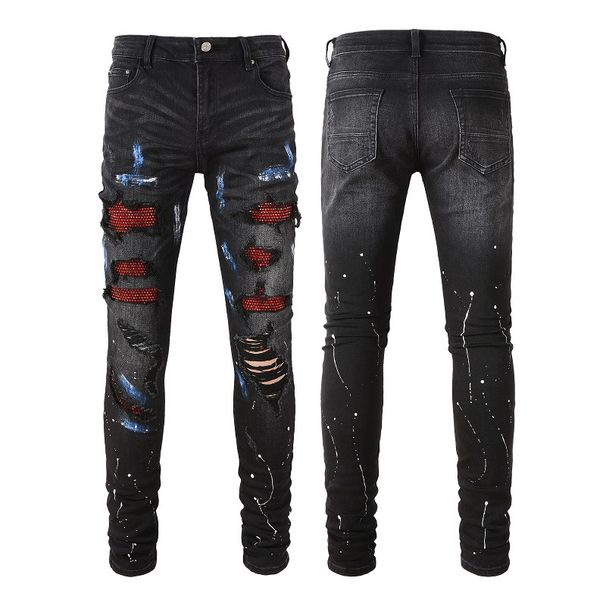 Men's Clothing jeans high street fashion brand black ripped patch red diamond stretch retro pants _viptrois.com