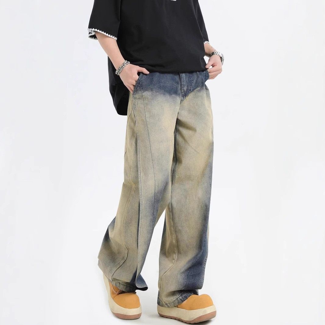 Gradient Color Scimitar Jeans Loose Straight Wide Leg Casual Pants mid Waist Polyester Blend for Men And Women Neutral Lazy Style_viptrois.com