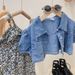 Kids Clothing Girls Fashion Denim Tops Coat Floral Suspender Dress Two piece Set_viptrois.com