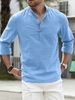 2023 European Fashion Solid Standing Neck Casual Long sleeved Cotton Linen Men's Trendy Shirt_viptrois.com