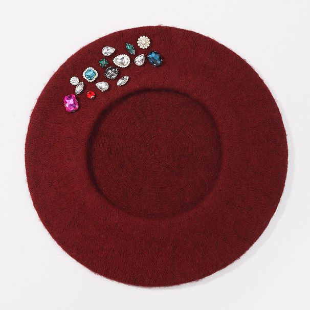 New Autumn Winter Women Woolen Painter Korean Version Versatile Rhinestone Beret Fashion Octagonal Trendy Hat_viptrois.com