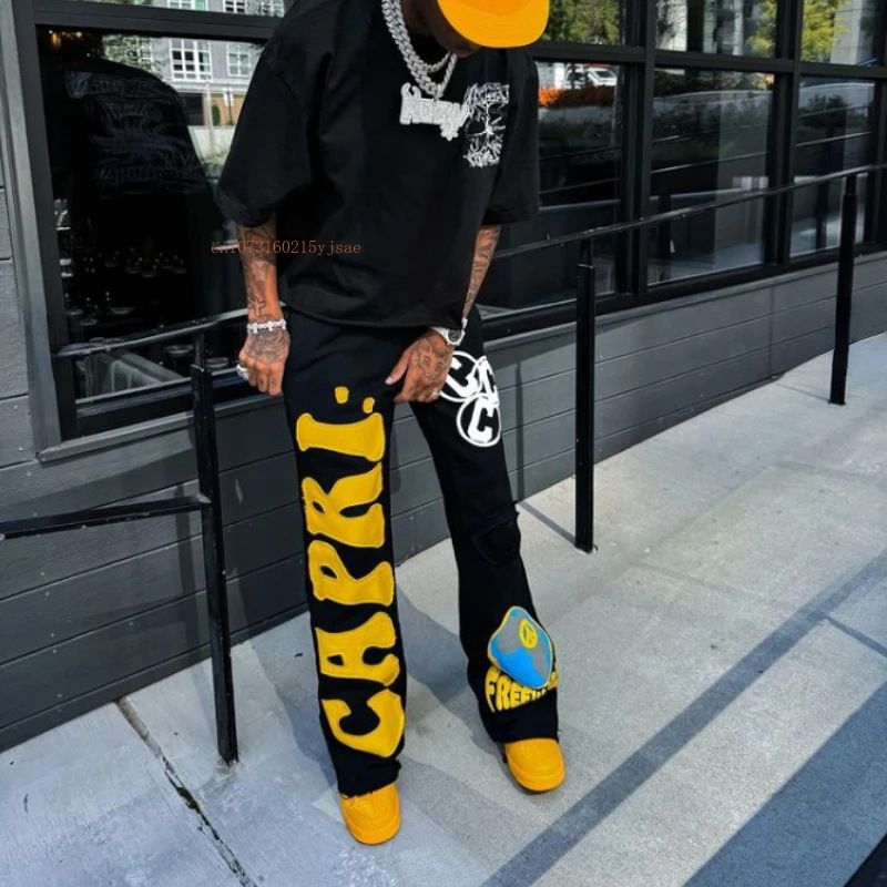 Men's Clothing High street national trend pants high street brand men and women loose printed trousers_viptrois.com