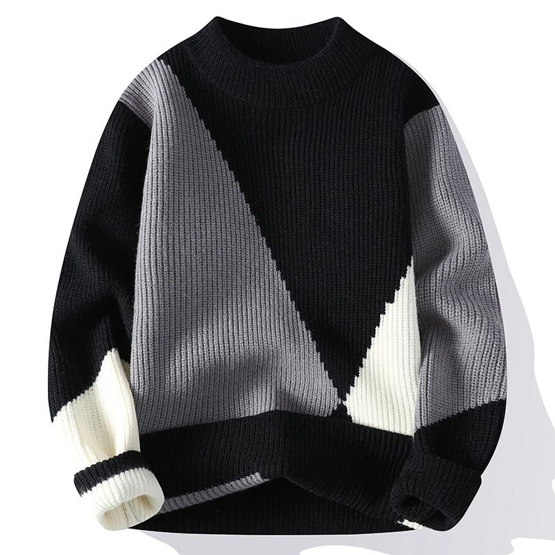 Men's Clothing Knitted Sweater Winter Warm Semi-Turtleneck Pullover With Jacquard Pattern, Soft Modal Blend Fabric, Slim Fit Long Sleeve Casual Top_viptrois.com