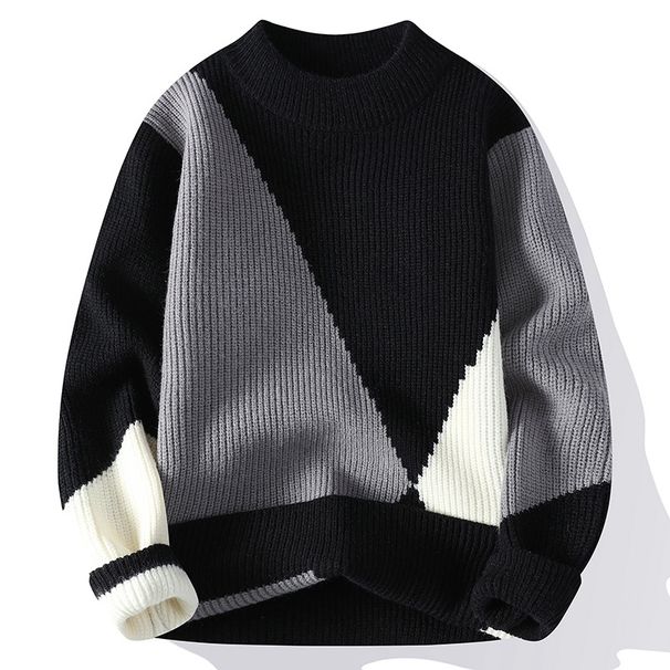 Men's Clothing Knitted Sweater Winter Warm Semi-Turtleneck Pullover With Jacquard Pattern, Soft Modal Blend Fabric, Slim Fit Long Sleeve Casual Top_viptrois.com