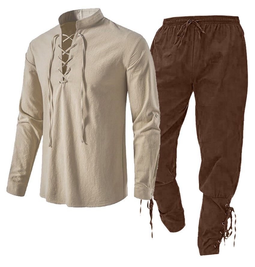 Men's Clothing Long Sleeve New European Size Cotton And Linen Henry Shirt Casual Beach Stand Collar Shirt Solid Color Two Piece Suit Spot Men_viptrois.com