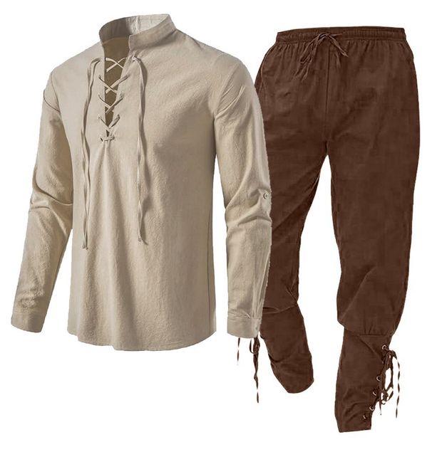 Men's Clothing Long Sleeve New European Size Cotton And Linen Henry Shirt Casual Beach Stand Collar Shirt Solid Color Two Piece Suit Spot Men_viptrois.com