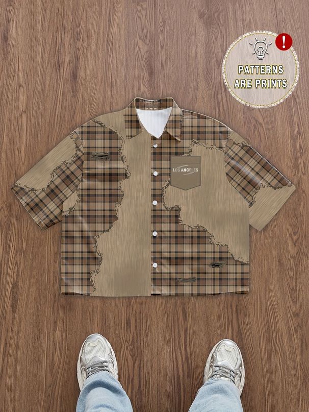 Men's Plaid Short Sleeved Shirt Casual Versatile Breathable Top with Contrasting Pocket Design Trendy New_viptrois.com