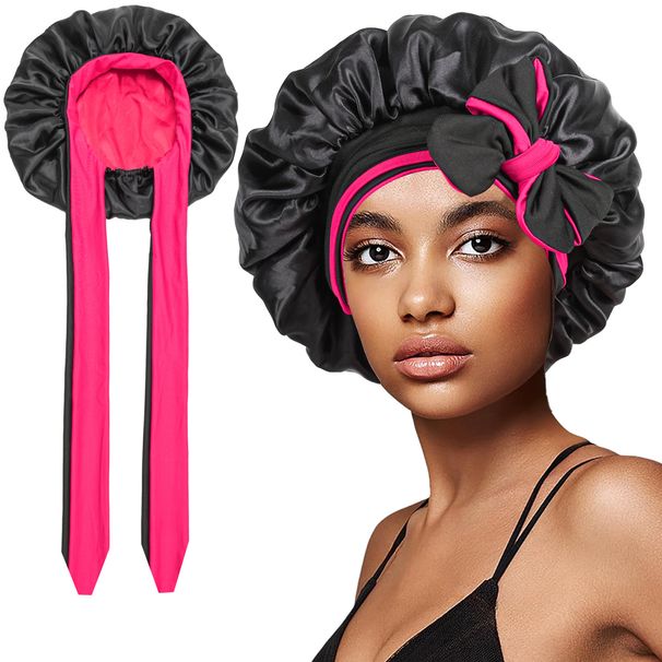 Double Layer Satin Sleeping Cap Double Sided Round Hat Bow Ribbon Silk Beauty Hair Cap Bonnet_viptrois.com