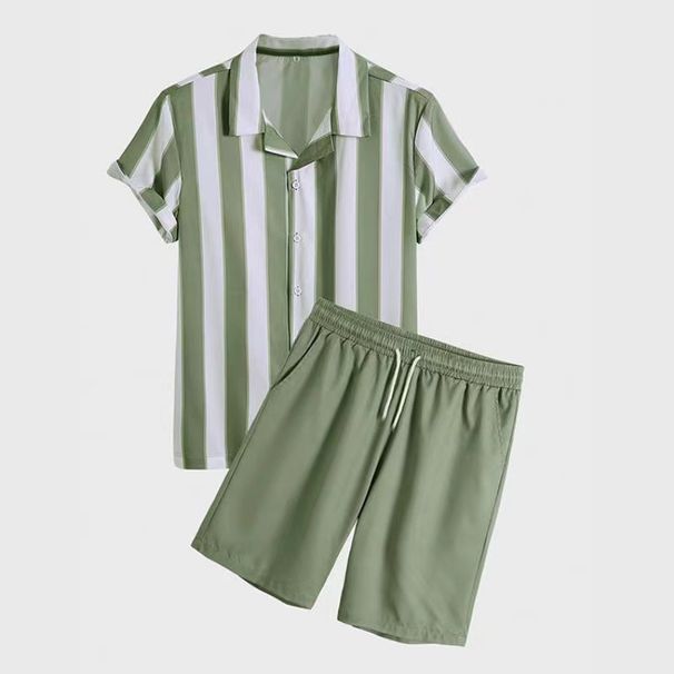 Men's Clothing Casual Short Sleeved Striped Shirt Drawstring Shorts Beach Suit_viptrois.com
