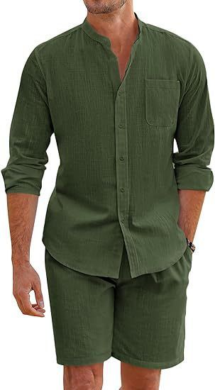 Men's Clothing Summer Two Piece Set Polyester Button Shirt Long Sleeve Shorts Cardigan Simple Casual Beach Wear_viptrois.com