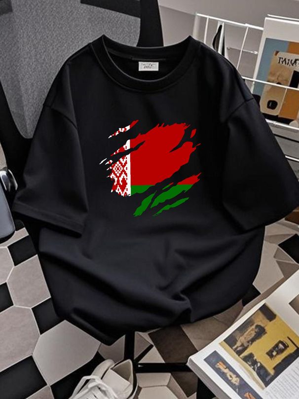 Reality Glitch Torn Belarus Flag Mens T-Shirt Casual Comfortable Unisex Top For Everyday Wear Soft Stretched Stylish Slightly Breathable Summer_viptrois.com