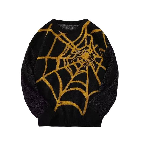 Cross-Border Fashion Men's Autumn New Round Neck Sweater American Retro Spider Web Pattern Jacquard Knitted Base Shirt_viptrois.com