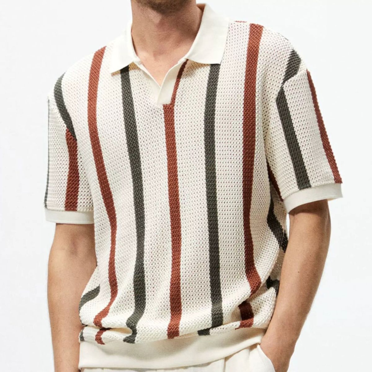 Men's Clothing European And American Thick Needle Hollow Knit Sweater Striped Contrast Wool Casual Polo Shirt_viptrois.com