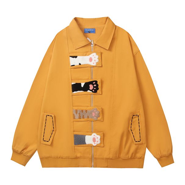 American Retro Fun Little Black Cat Embroidery Design Turn-down Collar Jacket For Men And Women Couples BF Loose Casual_viptrois.com