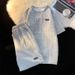 Men's & Women's Waffle Knit Lounge Set – College Style Short Sleeve Tee & Letter Print Shorts (White/Gray/Black, M-3xl)_viptrois.com