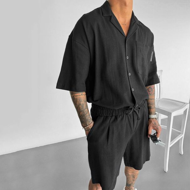 Men's Clothing Casual Lapel Pocket Design Loose Short Sleeve Shirt Half Shorts Men's Two piece Suit_viptrois.com