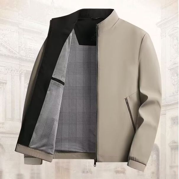 Solid Color Stand Up Collar Jacket, Business Casual Versatile Zipper Top, Early Spring Men's Clothing_viptrois.com