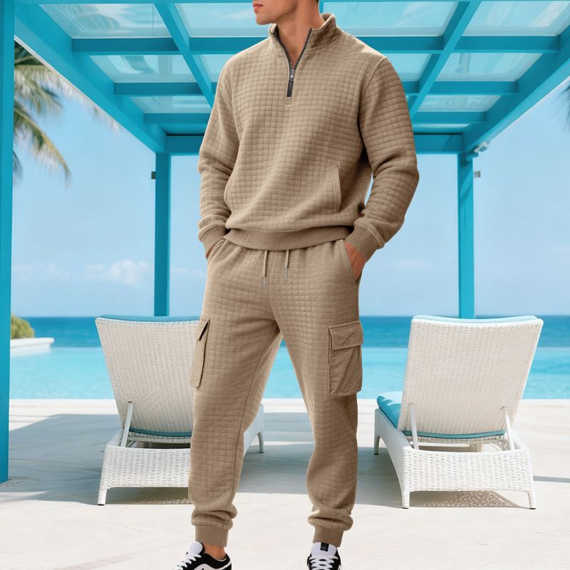 Men's Heavyweight Jacquard Check Stand Collar Casual Pants Autumn Winter Outdoor Work Sweatshirt Set Loose Fit American Style_viptrois.com