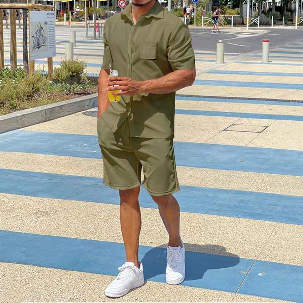 Men's Clothing Summer Short Sleeved Shorts Suit Linen Thin Lapel Loose Solid Color Suit_viptrois.com