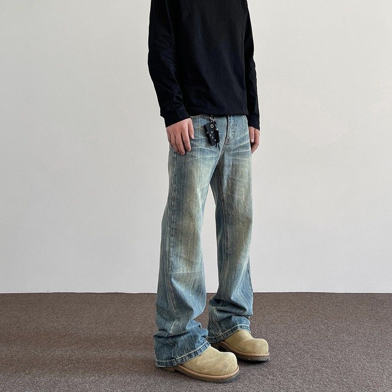 Men's Clothing High Street Cleanfit Cat Whisker Pattern Distressed Jeans Straight Flared Vibe Long Pants_viptrois.com