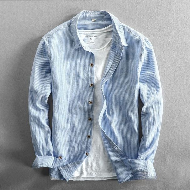 Men's Soft Long Sleeved Shirt Striped Casual Loose Artistic Style Dark Blue Autumn Outerwear_viptrois.com