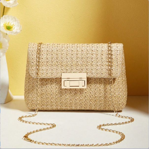 Sweet Style Straw Shoulder Bag With Double Lock - Trendy Crossbody Chain Purse For Women, Summer Casual & Office Use_viptrois.com