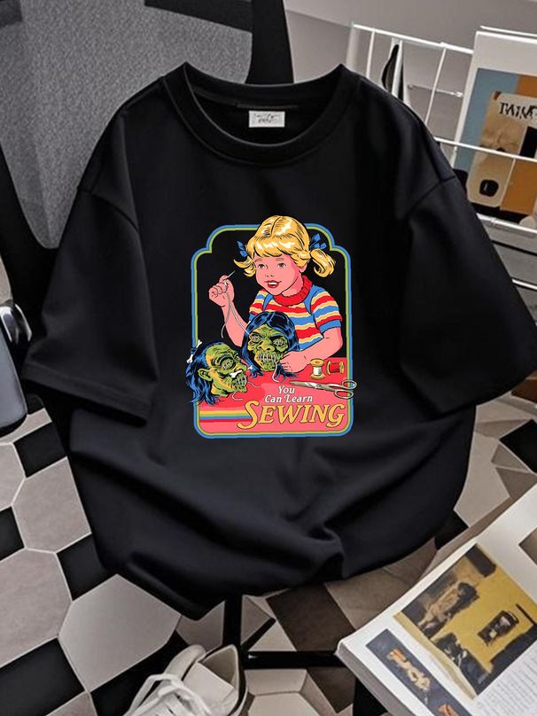 you Can Learn Sewing Halloween T Shirt Retro 1980s Vibes Shrunken Head Classic Vintage Crew Versatile Soft Designer Clothes Comfortable Homme_viptrois.com