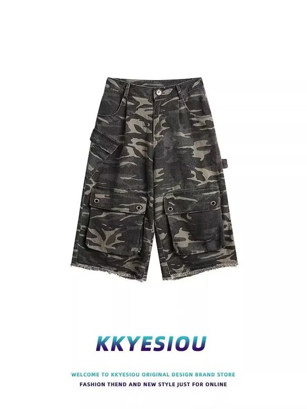 Camouflage Multi-Pocket Frayed Hem Cargo For Men And Women Summer Trendy Outdoor Sports Loose Casual Vintage Seven-Point_viptrois.com